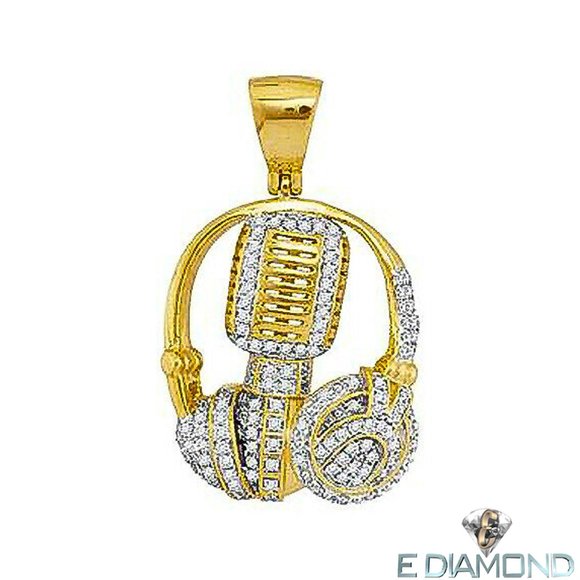 10 K Yellow Solid Gold Diamond Mic Headphone DJ Music Pendant 1.00 Carat